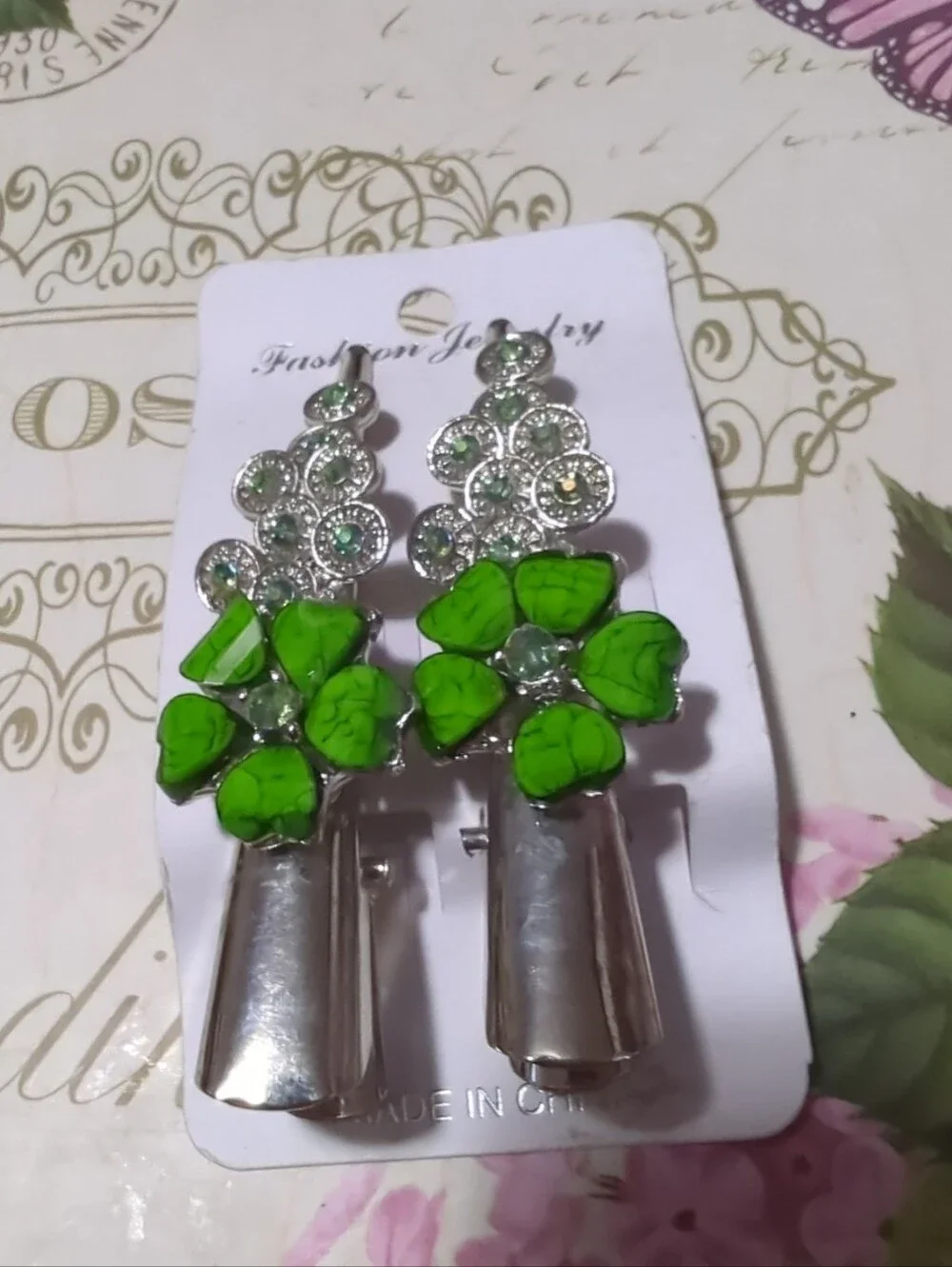 Pair of New / Old Stock Silver Tone Green Jeweled Pelican Style Hair Clips